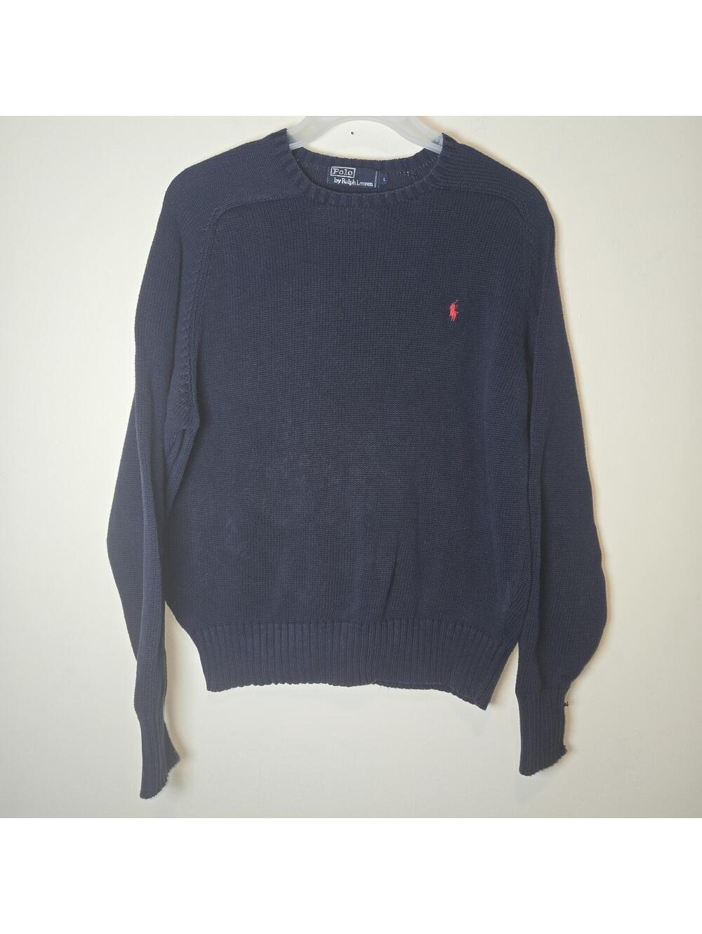 Polo Ralph Lauren Men Navy Blue 100% Cotton Crew Neck Classic Sweater sz L READ